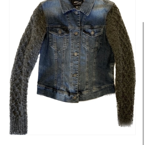 𝅺SILVER JEANS DENIM JACKET WITH SWEATER SLEEVES-XS - Picture 4 of 12